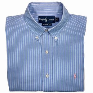*VINTAGE* RALPH LAUREN Blue w/ White Pinstripes Pink Embroidered Oxford Shirt